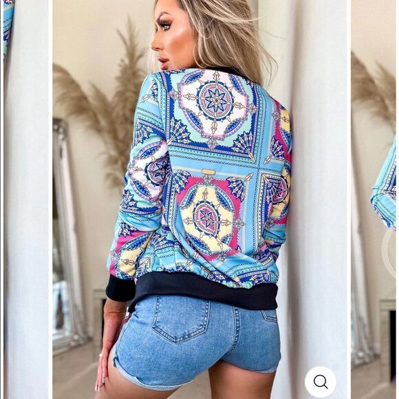 💼Light Wear Summer Bomber Jacket, Paisley Chain Print, Zip Front - Picture 4 of 13